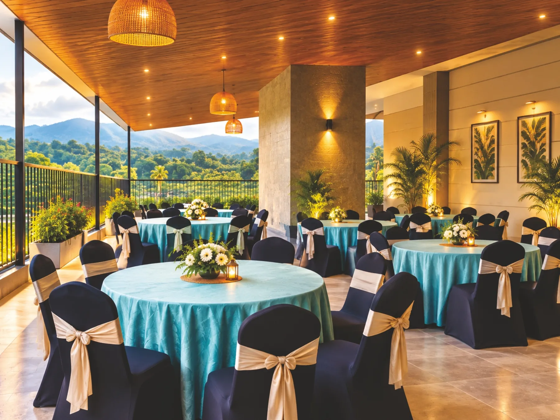 Nabha skyline terrace laid for dining, round tables in teal cloths beside a railing over green hills