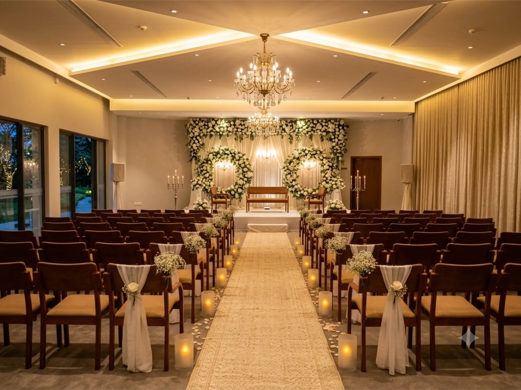 Sama, the grand ballroom, set for a wedding ceremony with a floral arch, a chandelier and an aisle between rows of chairs