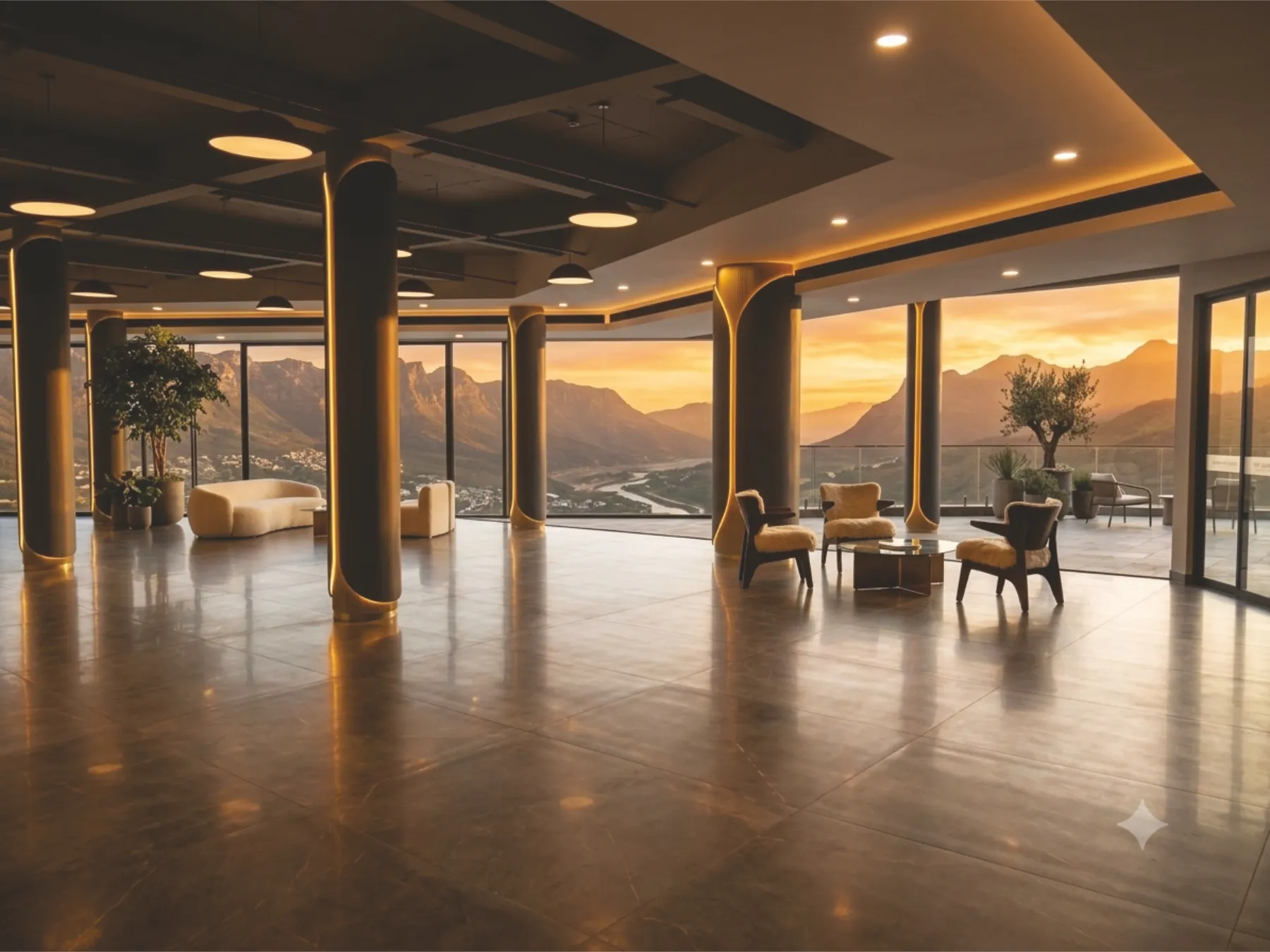 Utsav banquet hall with polished floors and floor-to-ceiling windows facing the hills at sunset