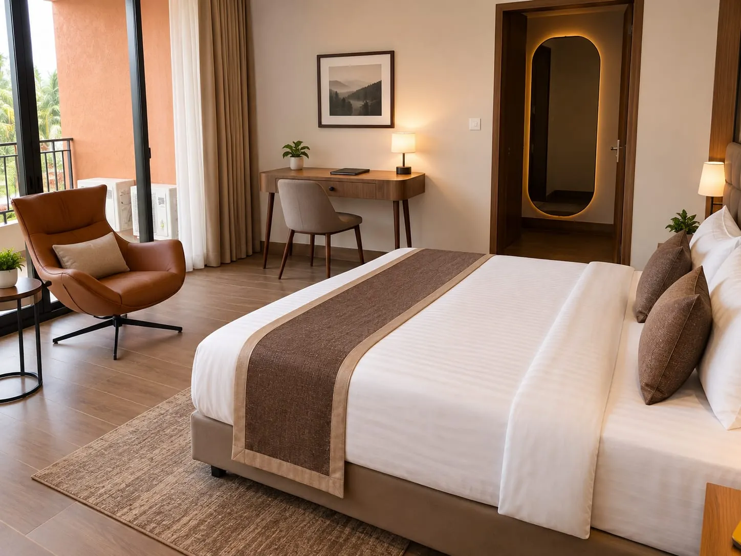 Premium Suite bedroom with a king bed, tan leather lounge chair and writing desk